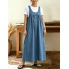 image:imagechouyatou Womens Pullover Denim Overall Dress Mid Long Button Front Pinafore Bib Jean Dress With PocketsBlue