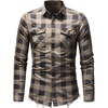 image:imagechouyatou Mens Distressed Style Frayed Raw Hen Casual Plaid ButtonDown ShirtKhaki