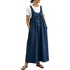 image:imagechouyatou Womens Pullover Denim Overall Dress Mid Long Button Front Pinafore Bib Jean Dress With PocketsDark Blue