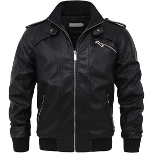 image:imagechouyatou Mens Casual Full Zip Lightweight Moto Pu Leather Quilted Bomber Jacket EpauletBlack