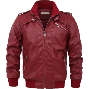 image:imagechouyatou Mens Casual Full Zip Lightweight Moto Pu Leather Quilted Bomber Jacket EpauletDark Red