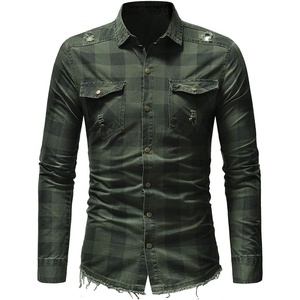 image:imagechouyatou Mens Distressed Style Frayed Raw Hen Casual Plaid ButtonDown ShirtArmy Green