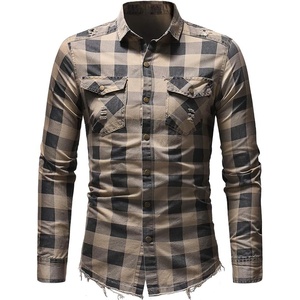 image:imagechouyatou Mens Distressed Style Frayed Raw Hen Casual Plaid ButtonDown ShirtKhaki