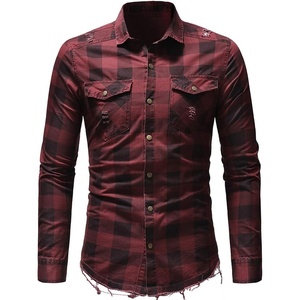 image:imagechouyatou Mens Distressed Style Frayed Raw Hen Casual Plaid ButtonDown ShirtRed