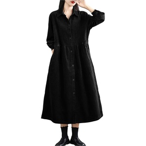 image:imagechouyatou Womens Fall Button Down Corduroy Shirt Dress Long Sleeve ALine Pleated Midi Long Winter DressBlack