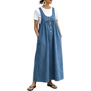 image:imagechouyatou Womens Pullover Denim Overall Dress Mid Long Button Front Pinafore Bib Jean Dress With PocketsBlue