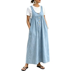image:imagechouyatou Womens Pullover Denim Overall Dress Mid Long Button Front Pinafore Bib Jean Dress With PocketsLight Blue