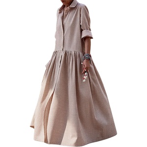 image:imagechouyatou Womens Retro Plaid Button Down Maxi Shirt Dress Long Sleeve Button Up Gingham Swing Long DressCoffee