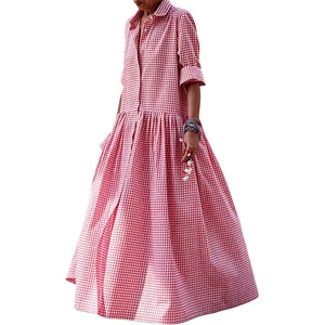 image:imagechouyatou Womens Retro Plaid Button Down Maxi Shirt Dress Long Sleeve Button Up Gingham Swing Long DressRed