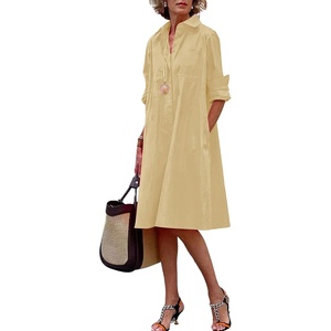 image:imagechouyatou Womens Spring Summer ButtonDown Shirt Dress Loose ALine Midi Shift Tunic DressKhaki