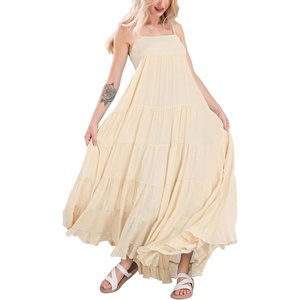 image:imagechouyatou Womens Summer Boho Flowy Spaghetti Strap Maxi Dress Smocked Back Casual Swing Beach SundressLight Khaki