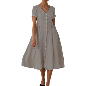 image:imagechouyatou Womens Summer Fit and Flare Swing Cotton Dress Casual VNeck Button Down Beach Midi DressGrey