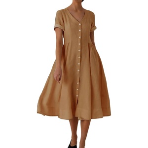 image:imagechouyatou Womens Summer Fit and Flare Swing Cotton Dress Casual VNeck Button Down Beach Midi DressKhaki