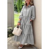 image:imagechouyatou Womens Summer Boho Striped Maxi Dress Cotton 34 Sleeve ALine Tiered Button Down Shirt DressBlack