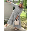image:imagechouyatou Womens Summer Boho Striped Maxi Dress Cotton 34 Sleeve ALine Tiered Button Down Shirt DressBlack