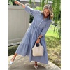 image:imagechouyatou Womens Summer Boho Striped Maxi Dress Cotton 34 Sleeve ALine Tiered Button Down Shirt DressBlue