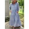 image:imagechouyatou Womens Summer Boho Striped Maxi Dress Cotton 34 Sleeve ALine Tiered Button Down Shirt DressBlue
