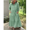 image:imagechouyatou Womens Summer Boho Striped Maxi Dress Cotton 34 Sleeve ALine Tiered Button Down Shirt DressGreen