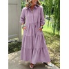 image:imagechouyatou Womens Summer Boho Striped Maxi Dress Cotton 34 Sleeve ALine Tiered Button Down Shirt DressPurple