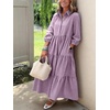 image:imagechouyatou Womens Summer Boho Striped Maxi Dress Cotton 34 Sleeve ALine Tiered Button Down Shirt DressPurple