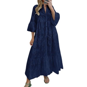 image:imagechouyatou Womens 2026 Lace Eyelet Embroidery Maxi Dress VNeck Trumpet Sleeve Boho Flowy Swing DressNavy Blue
