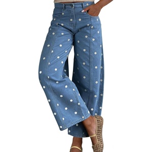 image:imagechouyatou Womens 2026 Polka Dot Pattern Barrel Jeans Boyfriend Y2K Casual Wide Leg Mid Rise Denim PantsLight Blue