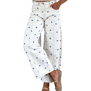 image:imagechouyatou Womens 2026 Polka Dot Pattern Barrel Jeans Boyfriend Y2K Casual Wide Leg Mid Rise Denim PantsWhite Blue