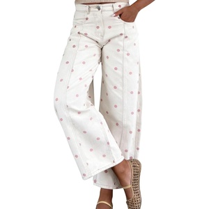 image:imagechouyatou Womens 2026 Polka Dot Pattern Barrel Jeans Boyfriend Y2K Casual Wide Leg Mid Rise Denim PantsWhite Pink