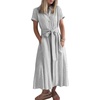 image:imagechouyatou Womens Summer Short Sleeve Striped Maxi Long Shirt Dress Boho Business Casual Cotton DressesGrey