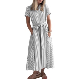 image:imagechouyatou Womens Summer Short Sleeve Striped Maxi Long Shirt Dress Boho Business Casual Cotton DressesGrey