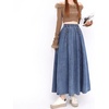 image:imagechouyatou Womens Bowknot Elastic High Waist Jean Skirt Frayed A Line Flared Long Maxi Denim SkirtDark Blue