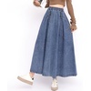 image:imagechouyatou Womens Bowknot Elastic High Waist Jean Skirt Frayed A Line Flared Long Maxi Denim SkirtDark Blue
