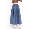 image:imagechouyatou Womens Bowknot Elastic High Waist Jean Skirt Frayed A Line Flared Long Maxi Denim SkirtDark Blue