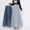 image:imagechouyatou Womens Bowknot Elastic High Waist Jean Skirt Frayed A Line Flared Long Maxi Denim SkirtLight Blue