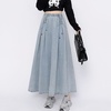 image:imagechouyatou Womens Bowknot Elastic High Waist Jean Skirt Frayed A Line Flared Long Maxi Denim SkirtLight Blue