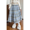 image:imagechouyatou Womens Cute Plaid Tweed Wool Skirt A Line Flared Dressy Fall Winter Midi Long Tiered SkirtBlue