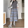 image:imagechouyatou Womens Cute Plaid Tweed Wool Skirt A Line Flared Dressy Fall Winter Midi Long Tiered SkirtBlue