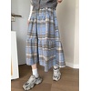 image:imagechouyatou Womens Cute Plaid Tweed Wool Skirt A Line Flared Dressy Fall Winter Midi Long Tiered SkirtBlue