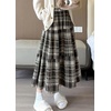 image:imagechouyatou Womens Cute Plaid Tweed Wool Skirt A Line Flared Dressy Fall Winter Midi Long Tiered SkirtCoffee