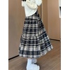 image:imagechouyatou Womens Cute Plaid Tweed Wool Skirt A Line Flared Dressy Fall Winter Midi Long Tiered SkirtNavy Blue
