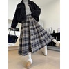 image:imagechouyatou Womens Cute Plaid Tweed Wool Skirt A Line Flared Dressy Fall Winter Midi Long Tiered SkirtNavy Blue