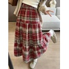 image:imagechouyatou Womens Cute Plaid Tweed Wool Skirt A Line Flared Dressy Fall Winter Midi Long Tiered SkirtRed