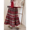 image:imagechouyatou Womens Cute Plaid Tweed Wool Skirt A Line Flared Dressy Fall Winter Midi Long Tiered SkirtRed