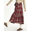 image:imagechouyatou Womens Cute Plaid Tweed Wool Skirt A Line Flared Dressy Fall Winter Midi Long Tiered SkirtRed