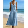 image:imagechouyatou Womens Floral Printed A Line Flared Denim Skirt Flowy Color Block Midi Jean Skirt with PocketsLight Blue