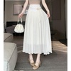 image:imagechouyatou Womens High Elastic Waist Swing Skirt Flowy Pleated Cotton Linen Midi Long Skirt with BeltApricot