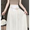 image:imagechouyatou Womens High Elastic Waist Swing Skirt Flowy Pleated Cotton Linen Midi Long Skirt with BeltApricot