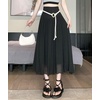 image:imagechouyatou Womens High Elastic Waist Swing Skirt Flowy Pleated Cotton Linen Midi Long Skirt with BeltBlack
