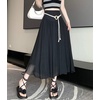 image:imagechouyatou Womens High Elastic Waist Swing Skirt Flowy Pleated Cotton Linen Midi Long Skirt with BeltBlack
