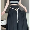 image:imagechouyatou Womens High Elastic Waist Swing Skirt Flowy Pleated Cotton Linen Midi Long Skirt with BeltBlack